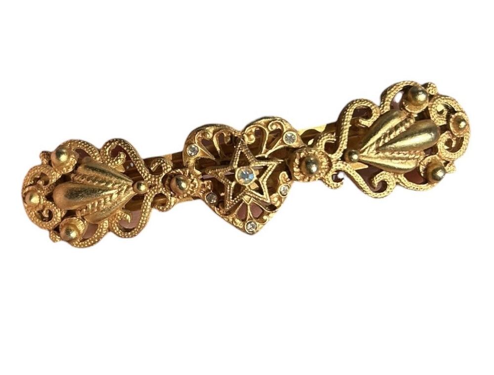 Vintage Kirks Folly Clustered Hearts Gold Tone Heart Star Rhinestone Barrette